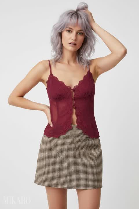 Chic Maroon Cami and Plaid Mini Skirt Ensemble