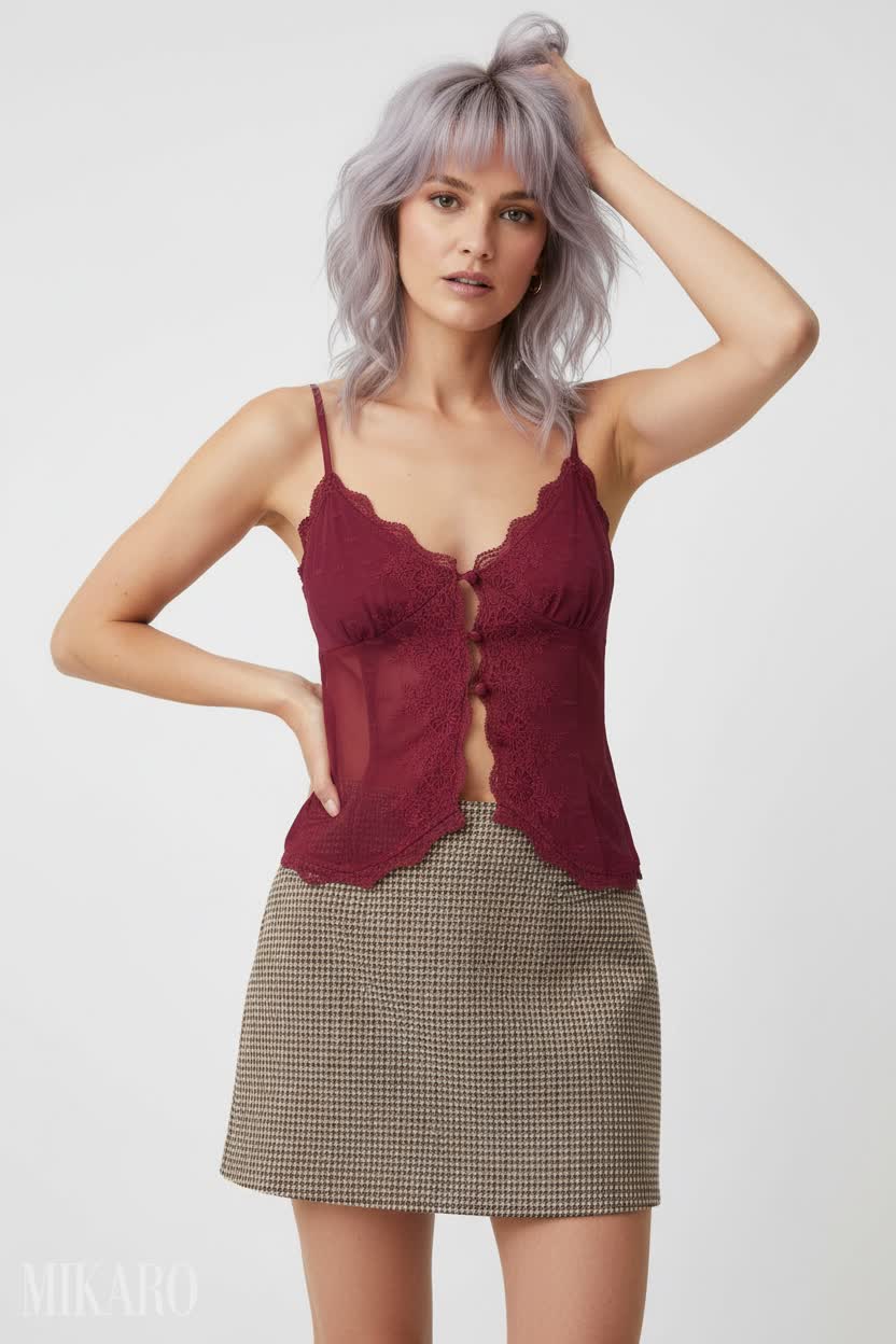 Chic Maroon Cami and Plaid Mini Skirt Ensemble