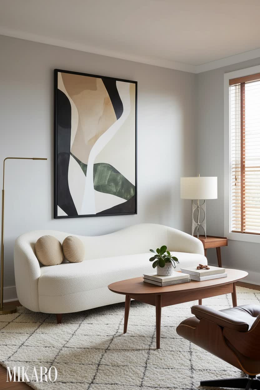 Chic Mid-Century Modern Living Room with Cream Sofa & Abstract Art