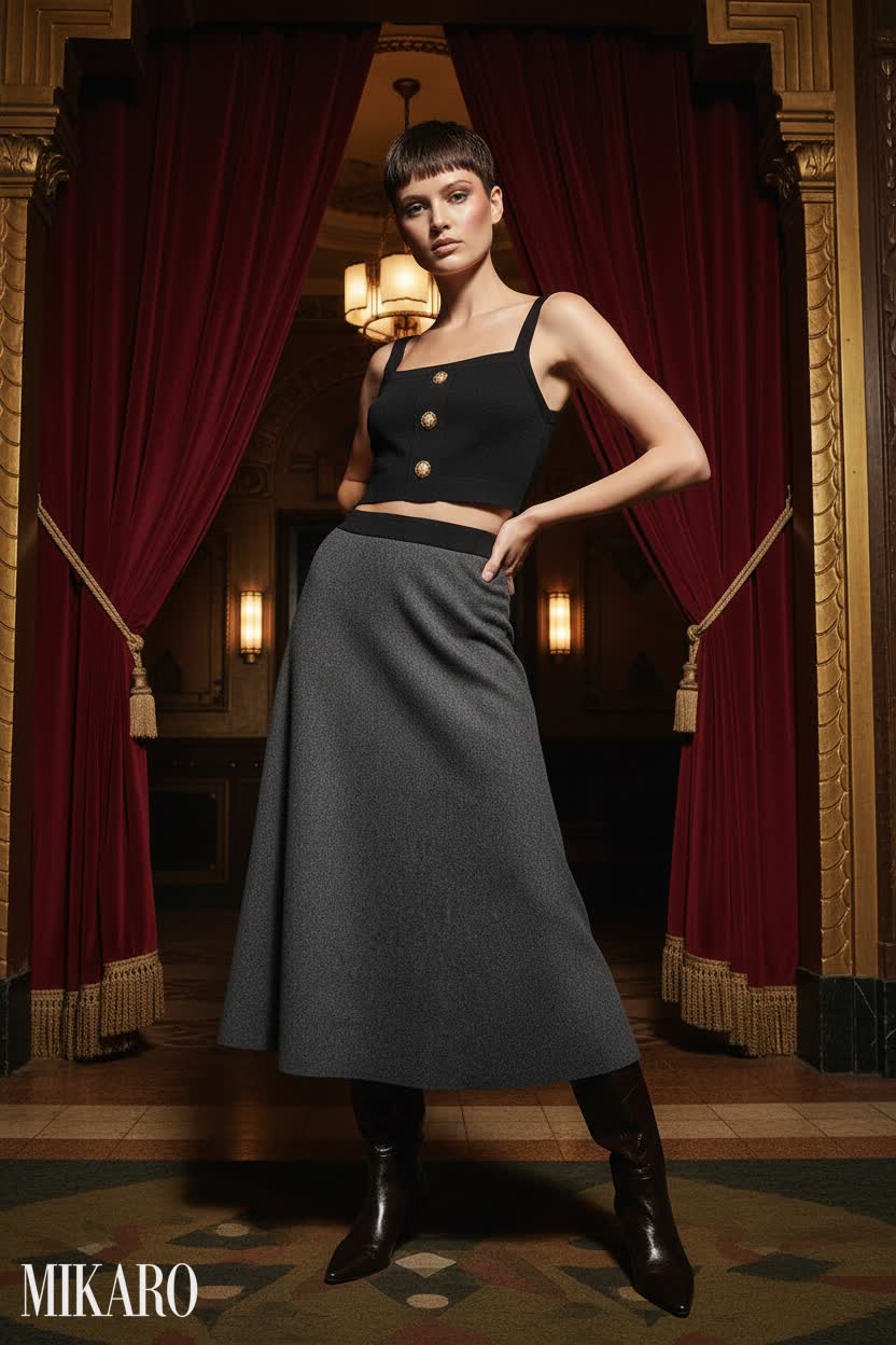Sleek crop top and flowing midi skirt, cinema foyer background.
