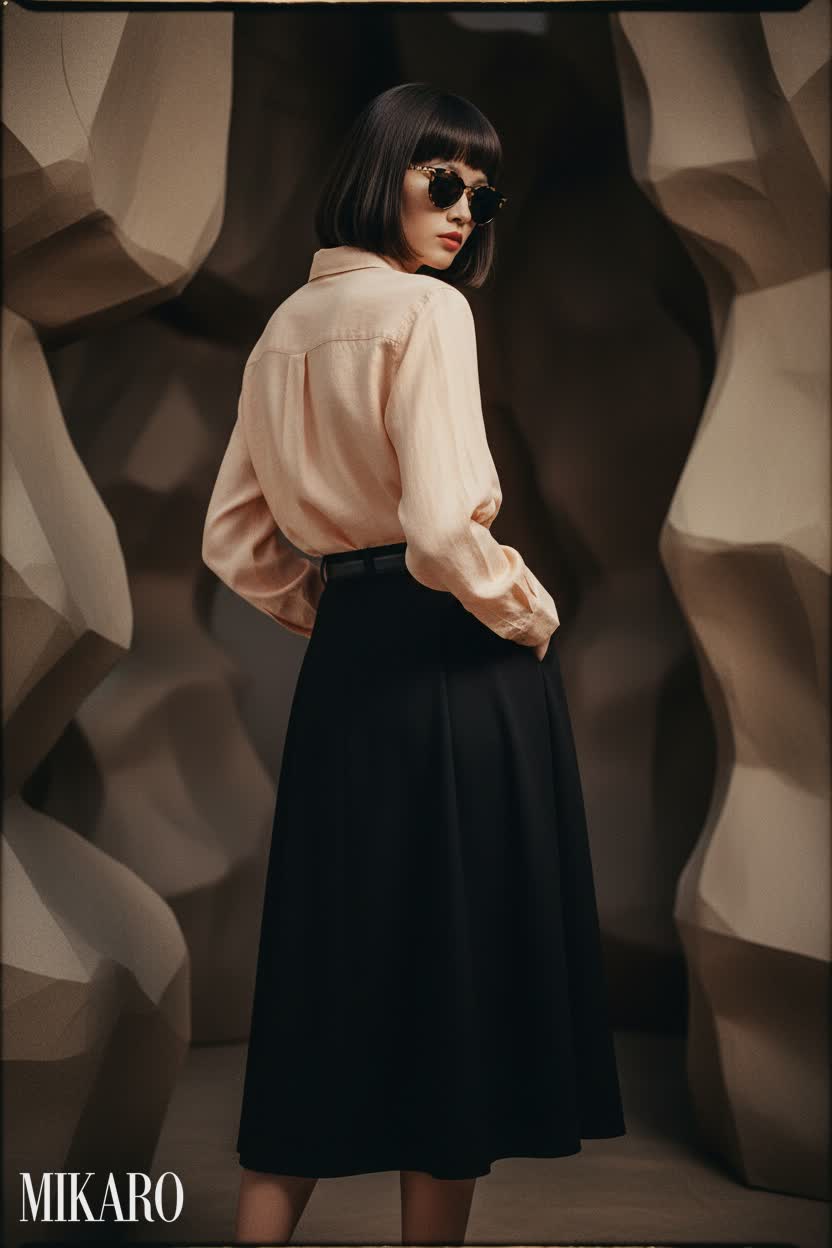 Chic Peach Linen and Black Midi Skirt Ensemble