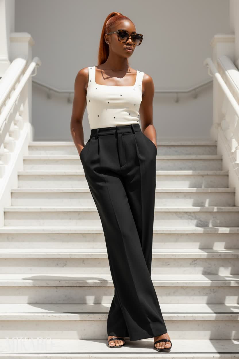 Chic Polka Dot Top & Wide Leg Trousers Ensemble