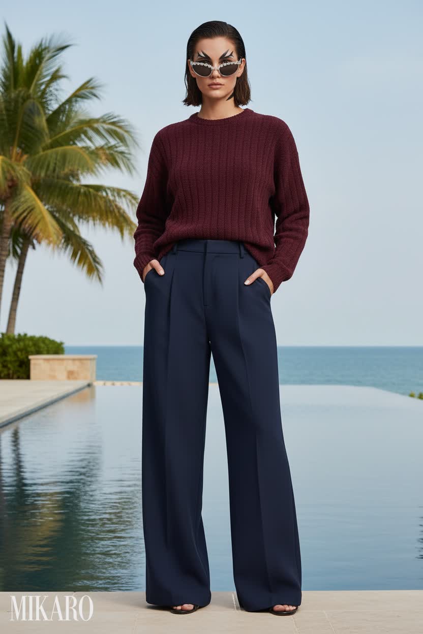 Chic Poolside Ensemble: Ribbed Top & Palazzo Pants with Avant-Garde Edge