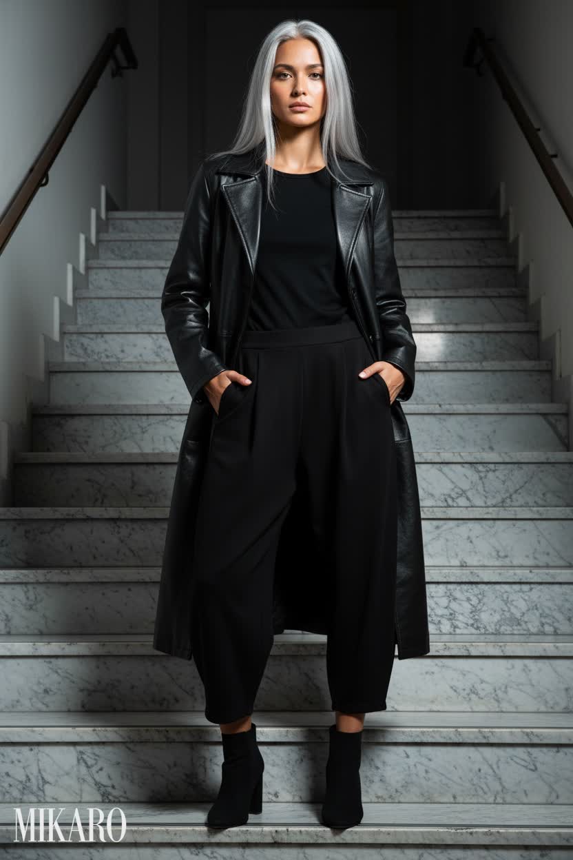 Chic Staircase Fashion: Leather Coat & Relaxed Trousers
