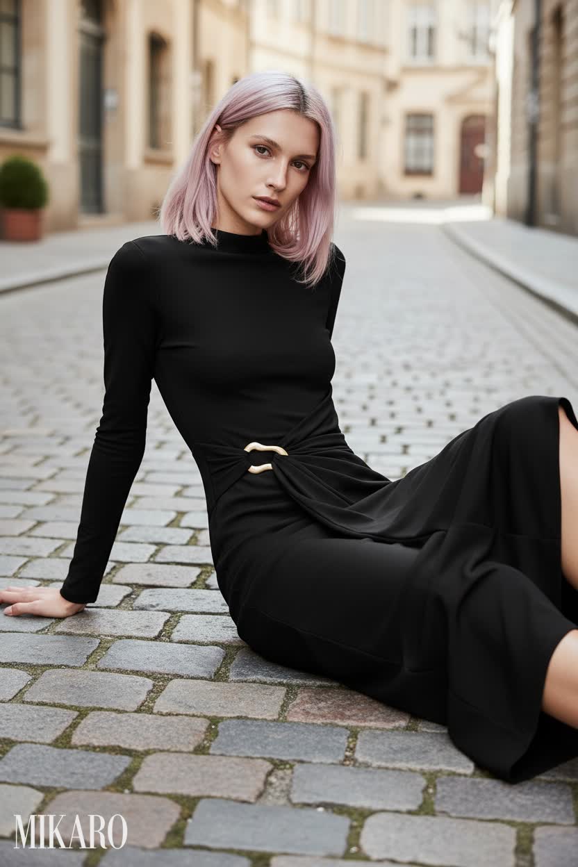 Chic Street Style: Black Bodycon Midi Dress on Cobblestone