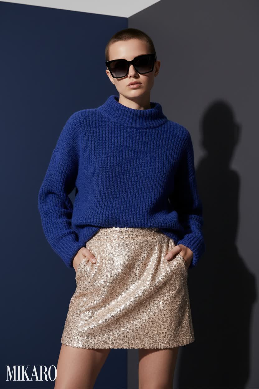 Chic Studio Ensemble: Blue Knit and Sequin Glamour