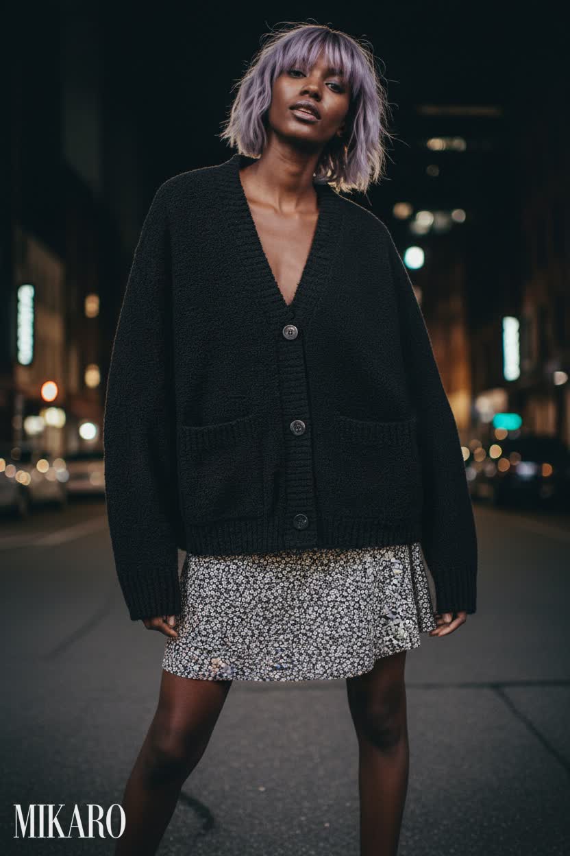 Chic Urban Cardigan & Floral Skirt Ensemble
