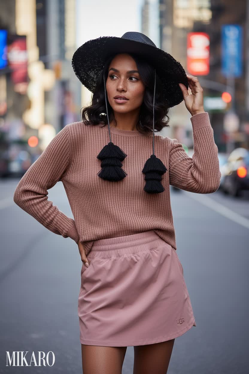 Chic Urban Comfort: Ribbed Top, Skirt, and Boho Hat Ensemble