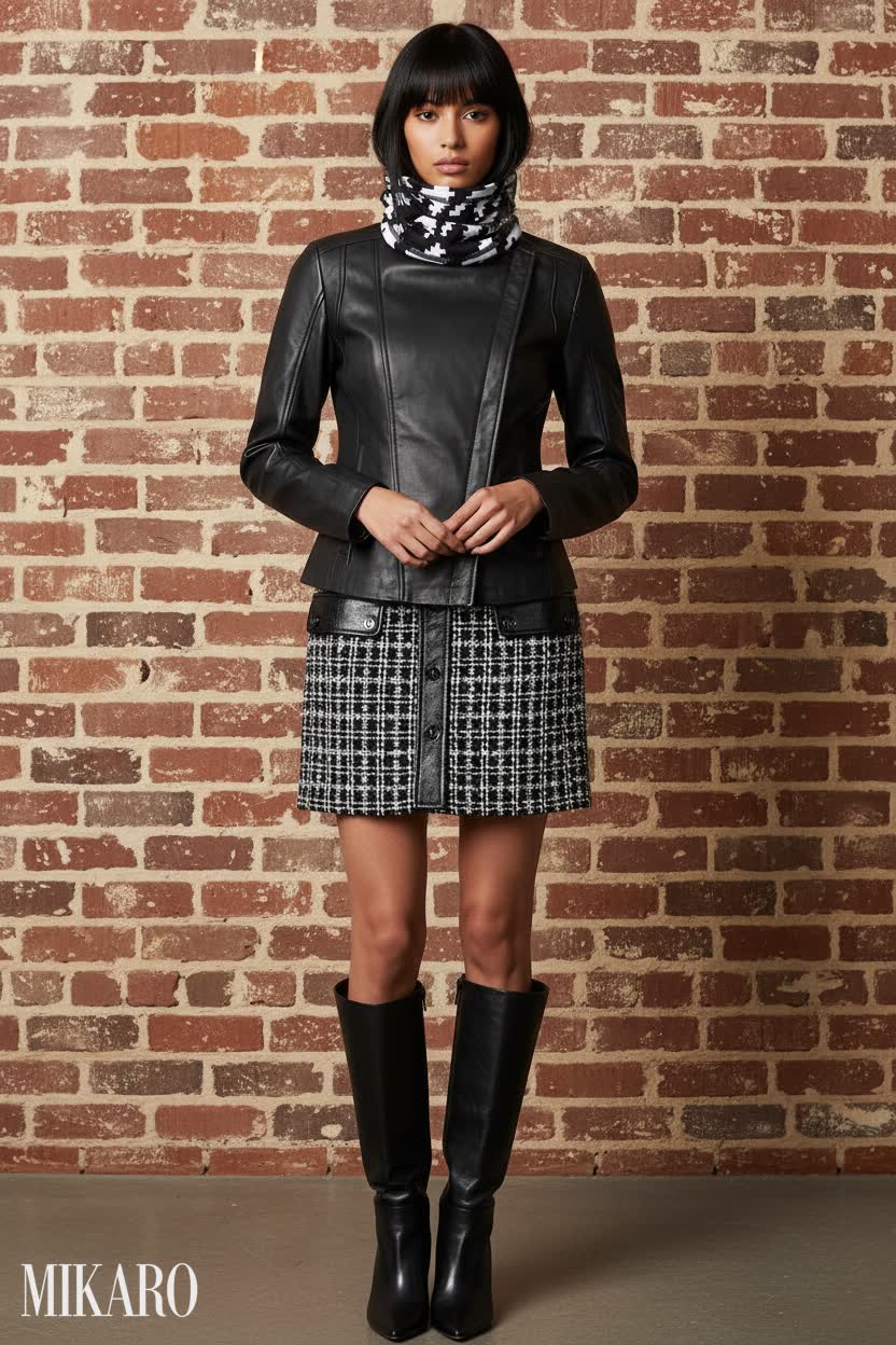 Chic Urban Ensemble with Houndstooth and Leather Accents