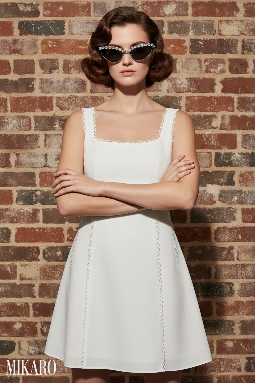 Chic White Mini Dress with Embellished Cat Eye Sunglasses