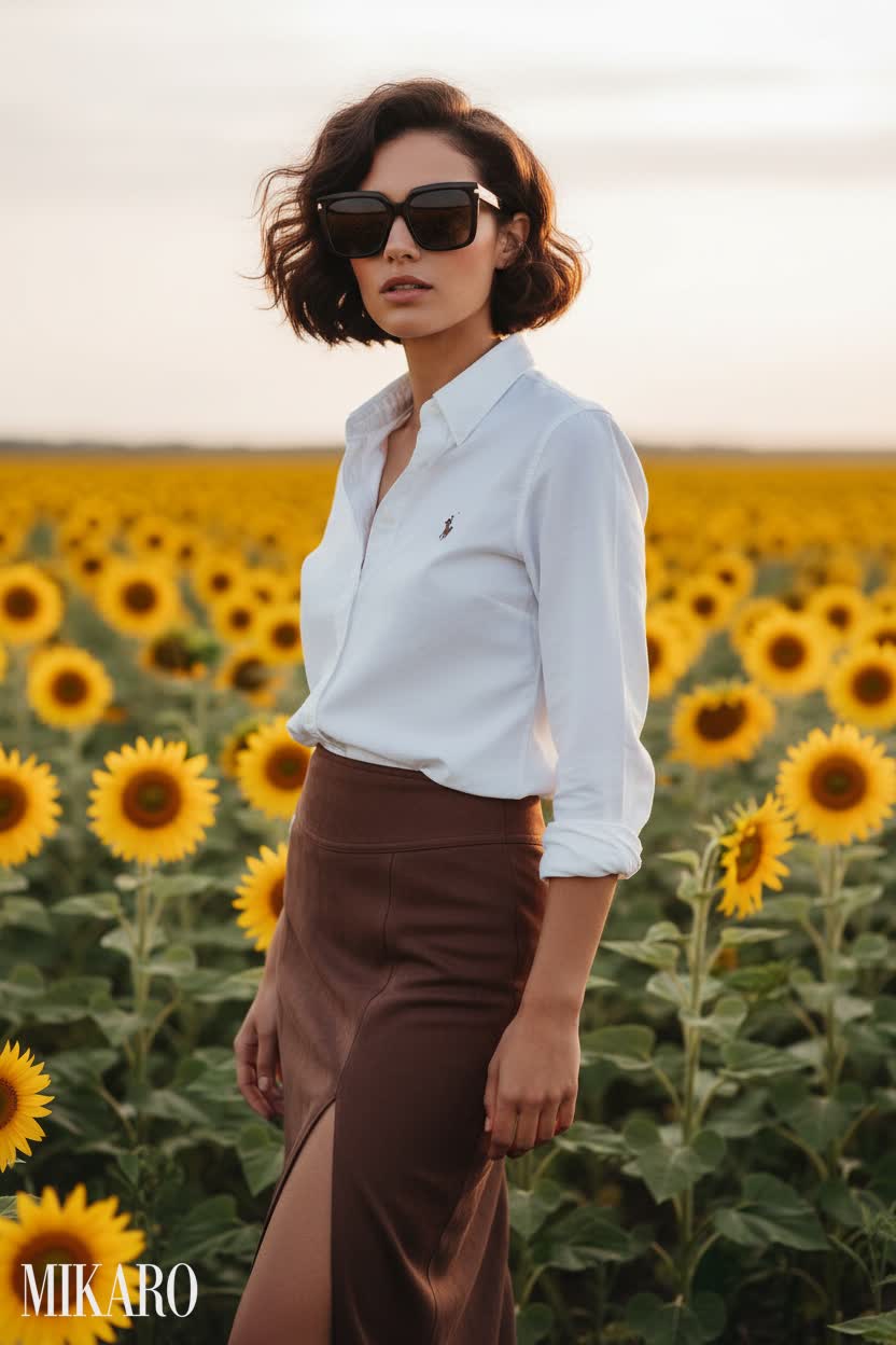 Classic Fit Ensemble with Suede Midi Skirt and Stylish Shades