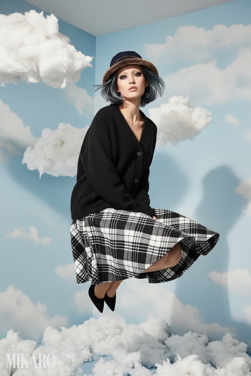 Cloud-Hopping Chic: Cozy Cardigan & Plaid Midi Skirt Ensemble