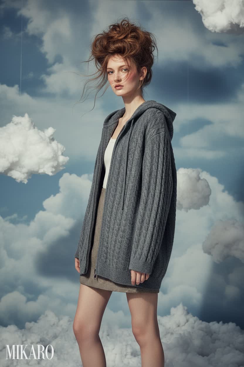 Cloud-Nine Comfort: Cashmere Hoodie, Shearling Hat, and Plaid Skirt Ensemble