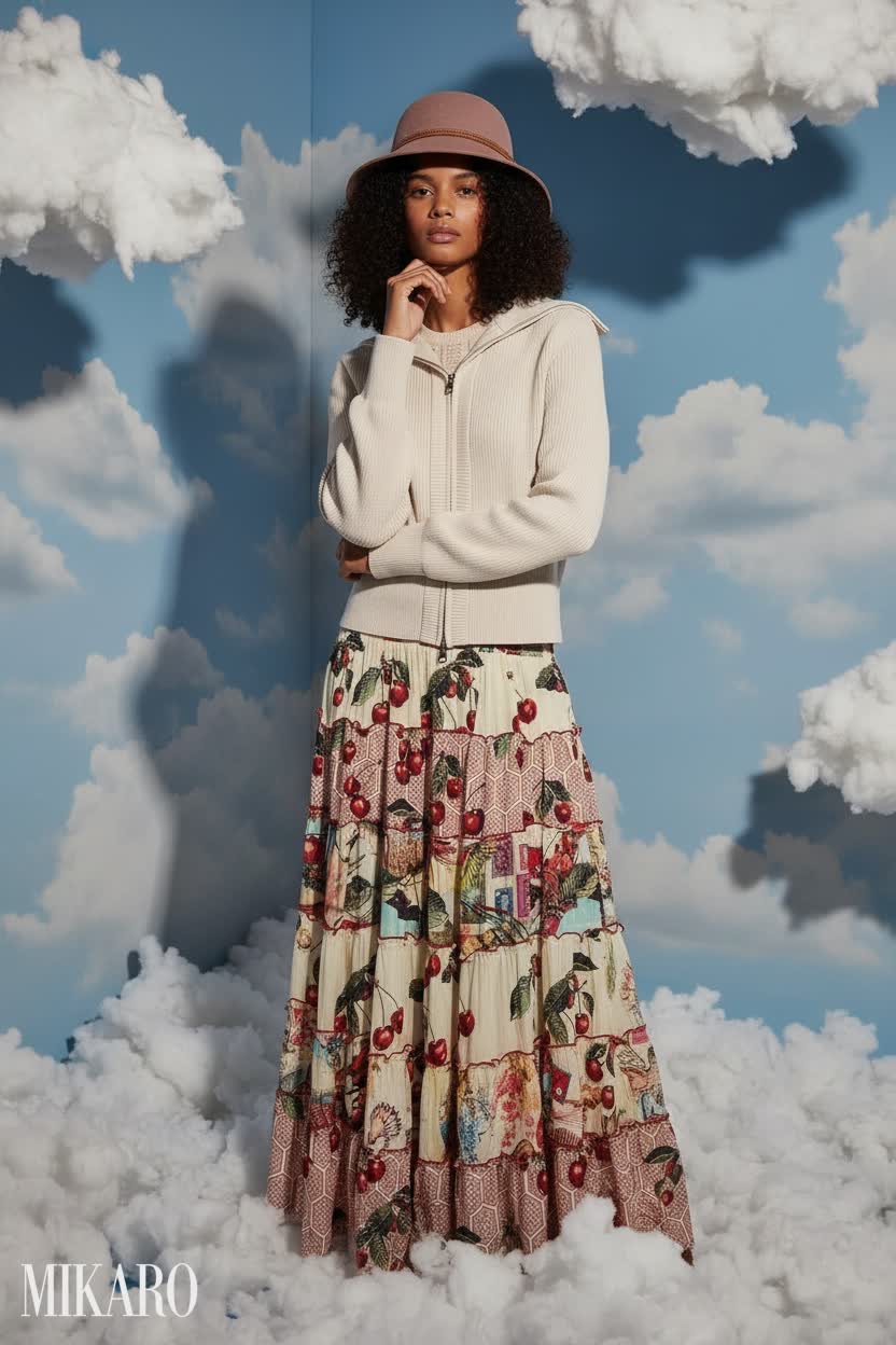 Cloudscape Chic: Knit Jacket, Bucket Hat & Tiered Cherry Skirt Ensemble