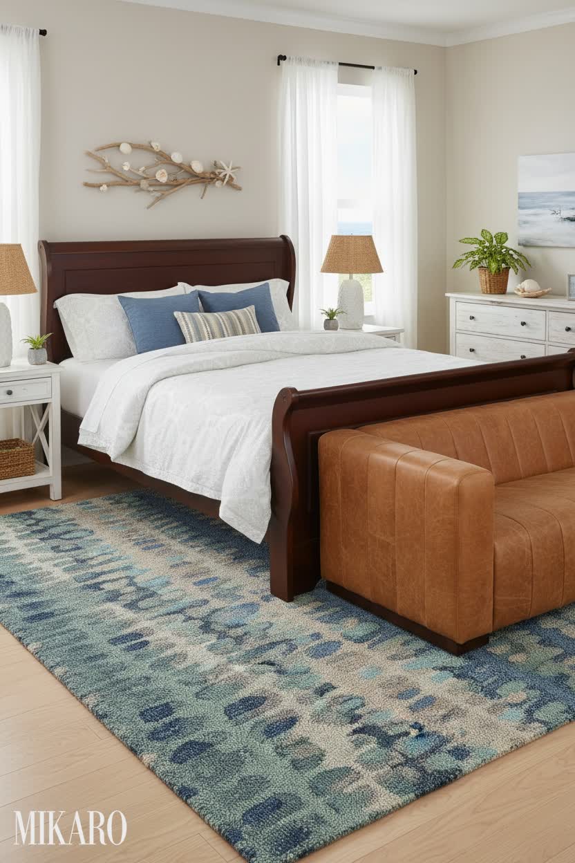 Coastal Bedroom Oasis: Sleigh Bed, Tan Leather Sofa, & Ocean-Inspired Rug for a Serene Escape