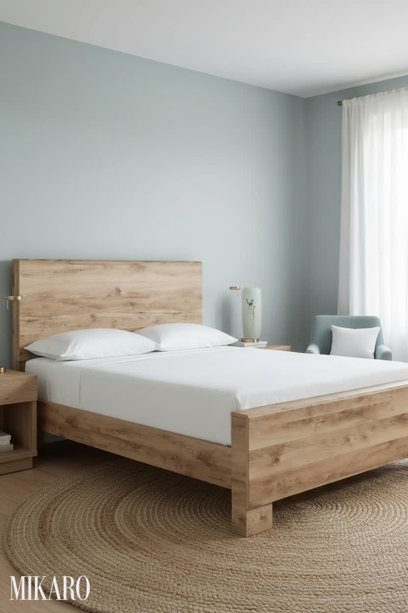 Coastal Chic Bedroom Retreat: Rustic Bed, Golden Lamp & Artistic Vase for Serene Living