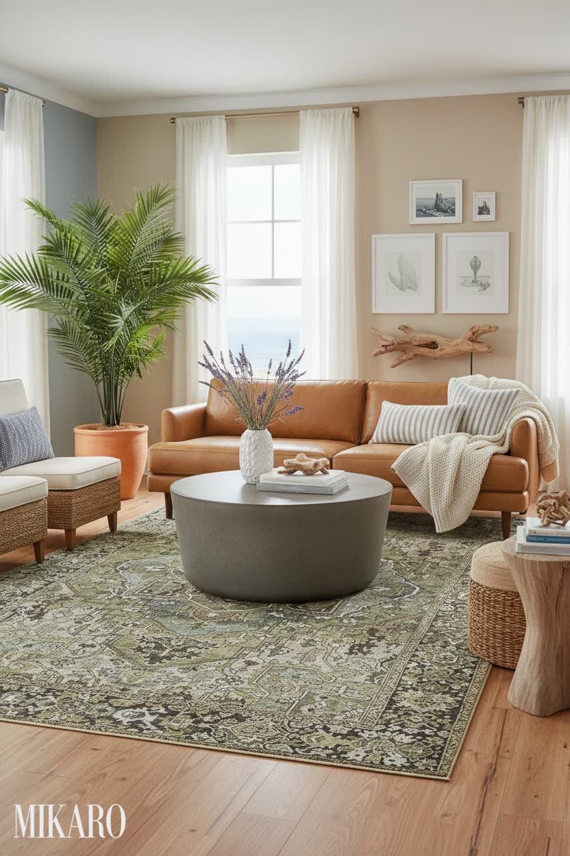 Coastal Chic Living Room: Green Medallion Rug, Sienna Leather Sofa & Concrete Coffee Table