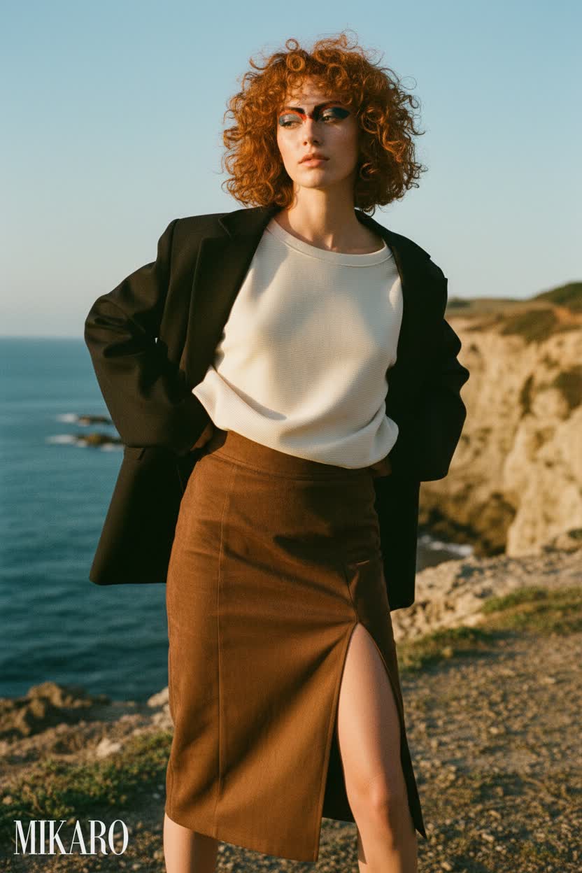 Coastal Cliff Elegance: Ribbed Tee & Suede Skirt