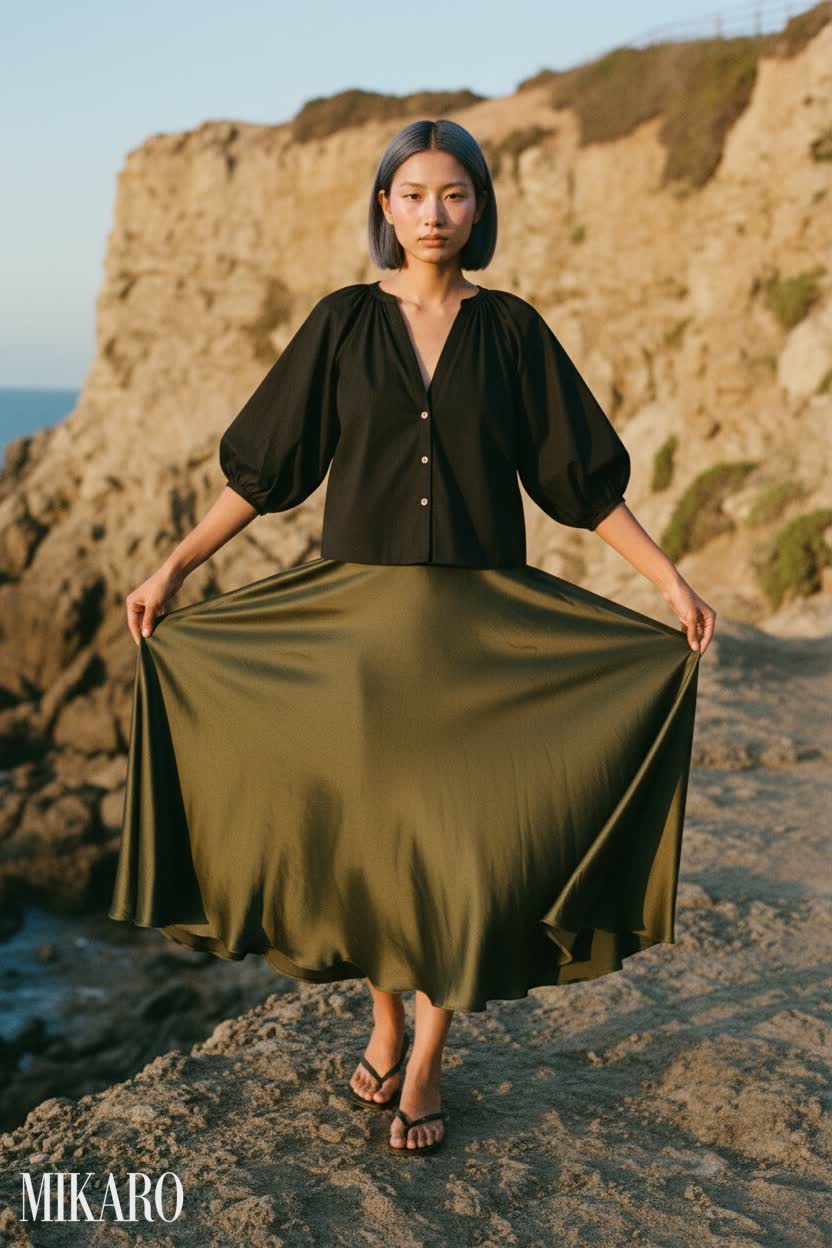 Coastal Dusk Ensemble: Black Blouse & Olive Skirt