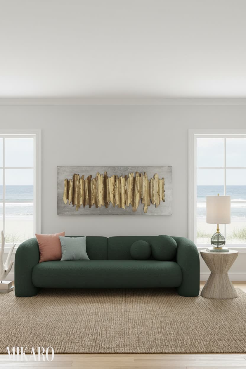 Coastal Elegance: Green Boucle & Metallic Art Living Room