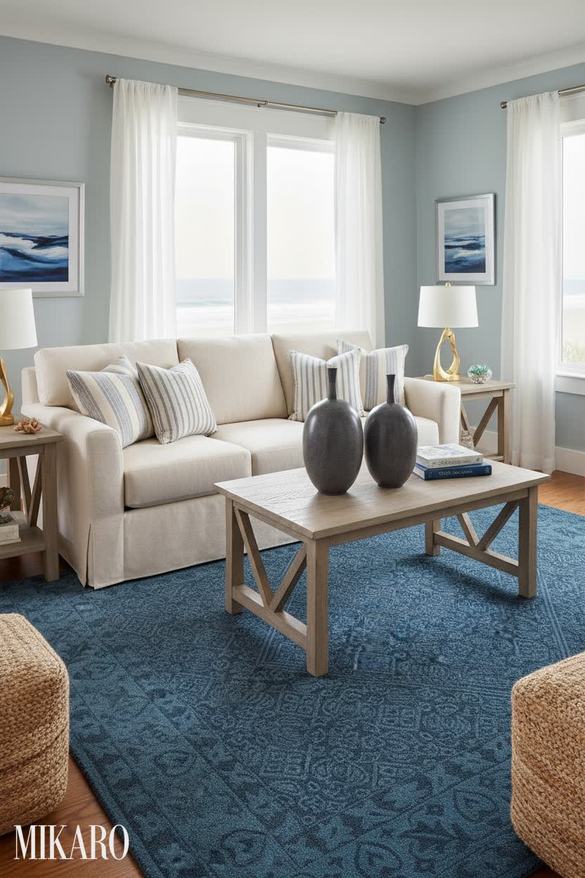 Coastal Living Room Decor: Navy Rug, Modern Vases & Gold Lamp for Elegant Home Style