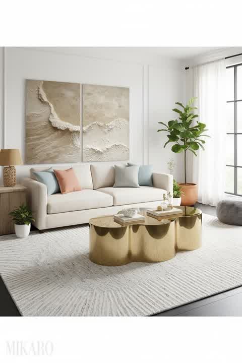 Coastal Living Room Decor: Neutral Tones, Textured Art & Modern Gold Accents for a Serene Home