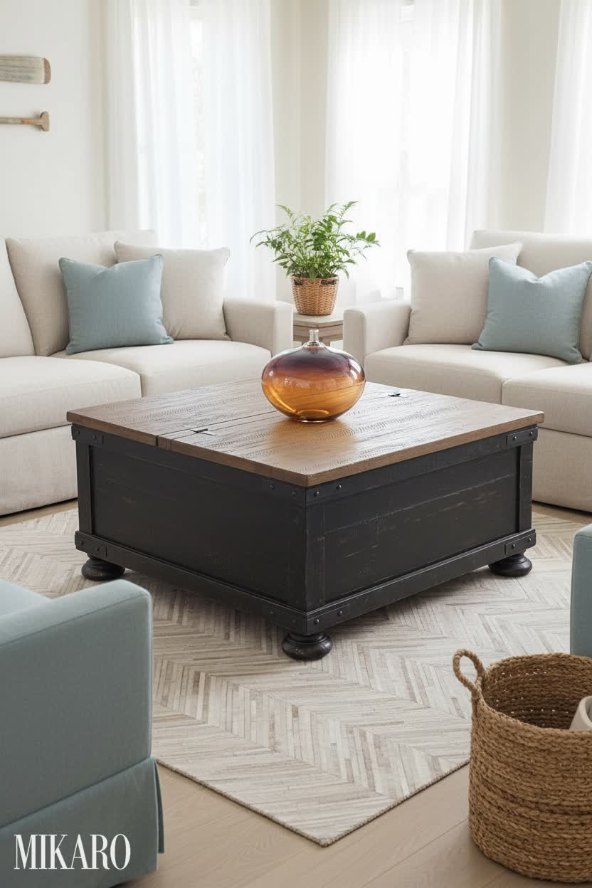 Coastal Living Room Decor: Rustic Coffee Table, Crystal Vase & Chevron Rug Inspiration