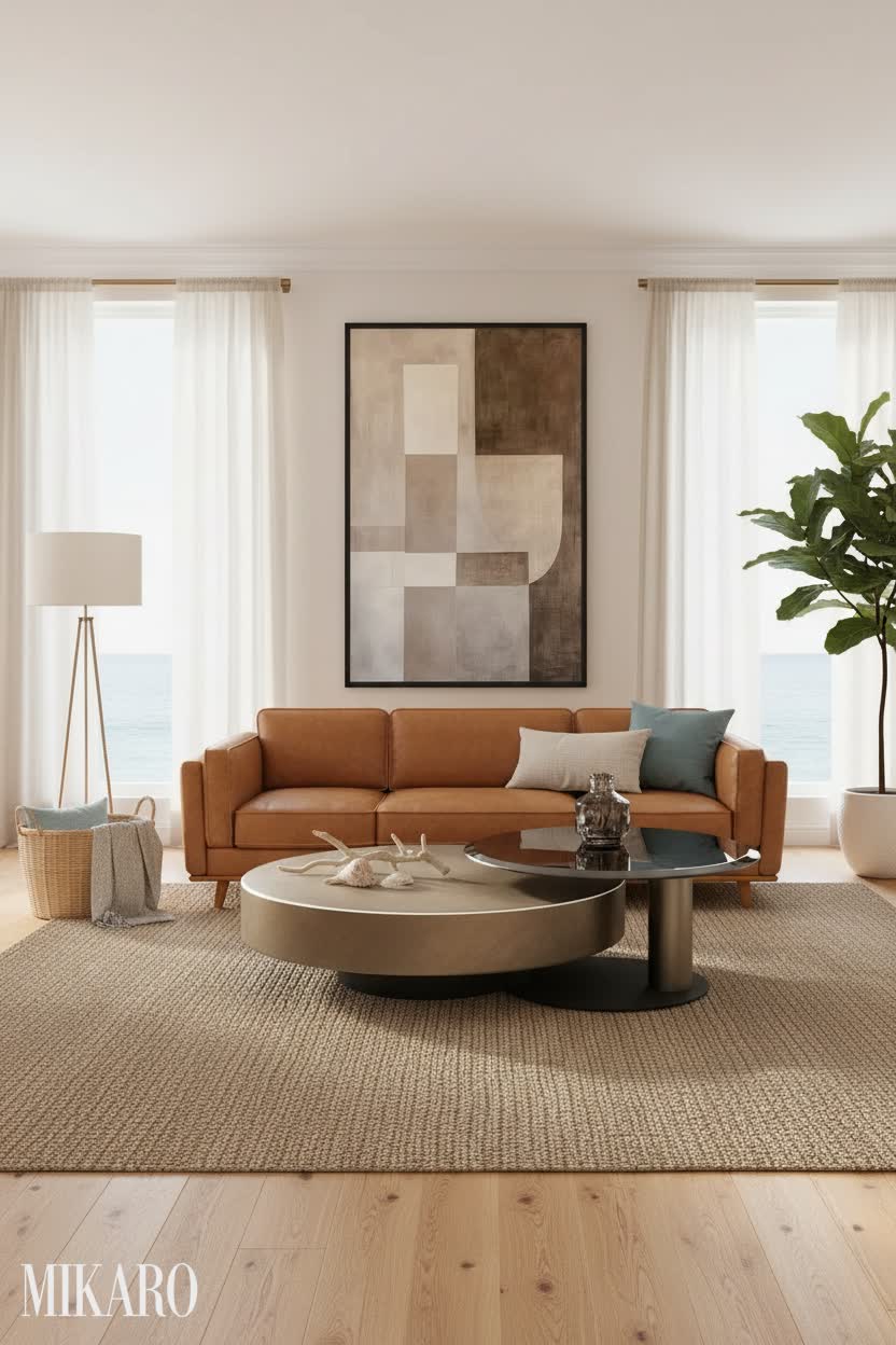 Coastal Living Room Inspiration: Cognac Leather Sofa, Modern Coffee Table & Abstract Art