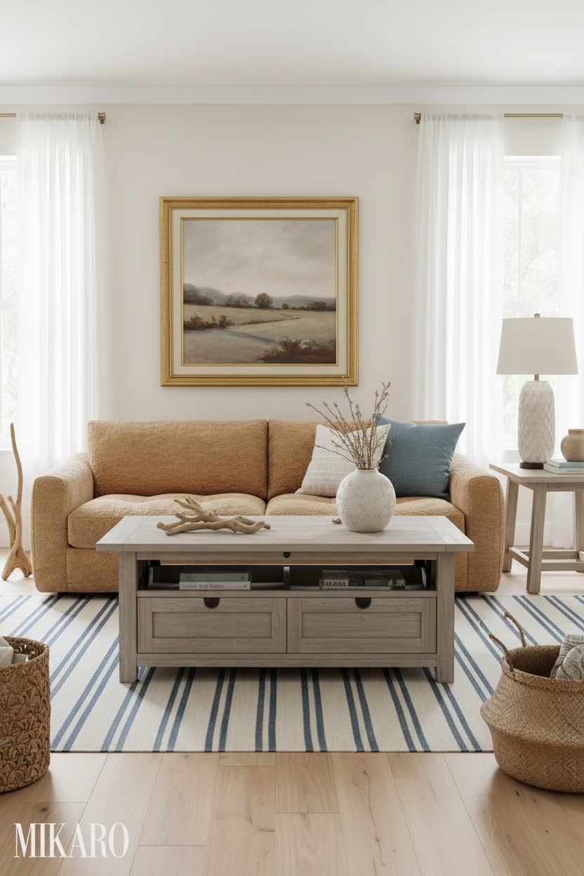 Coastal Living Room Oasis: Boucle Sofa, Lift-Top Coffee Table & Landscape Art Decor Ideas