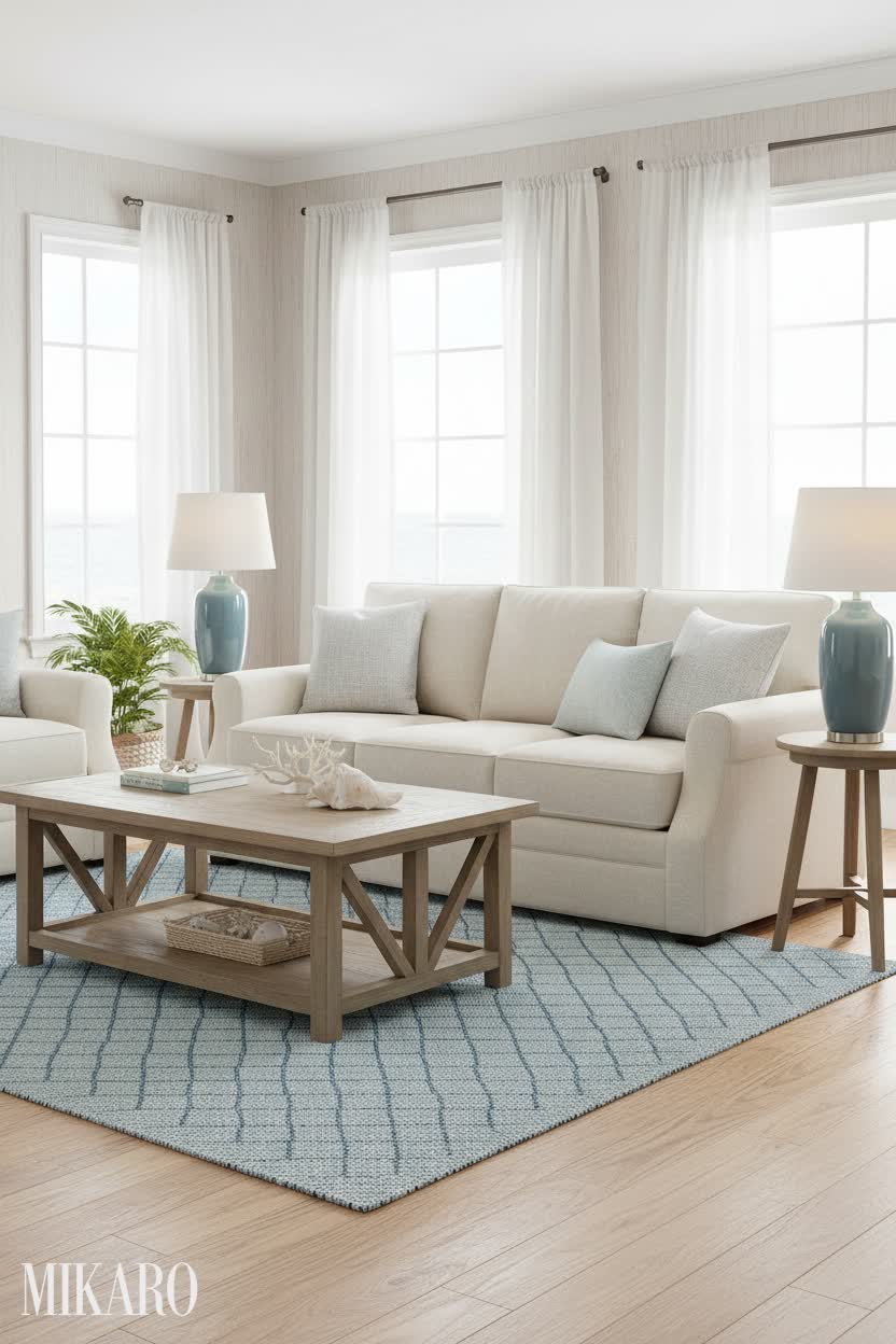 Coastal Living Room Oasis: Serene Blue and Cozy Textures for Relaxation