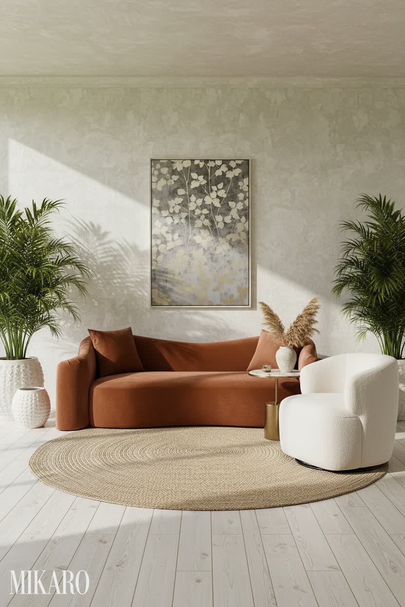 Coastal Sunroom: Tranquil Retreat with Cognac Velvet & Serene Art