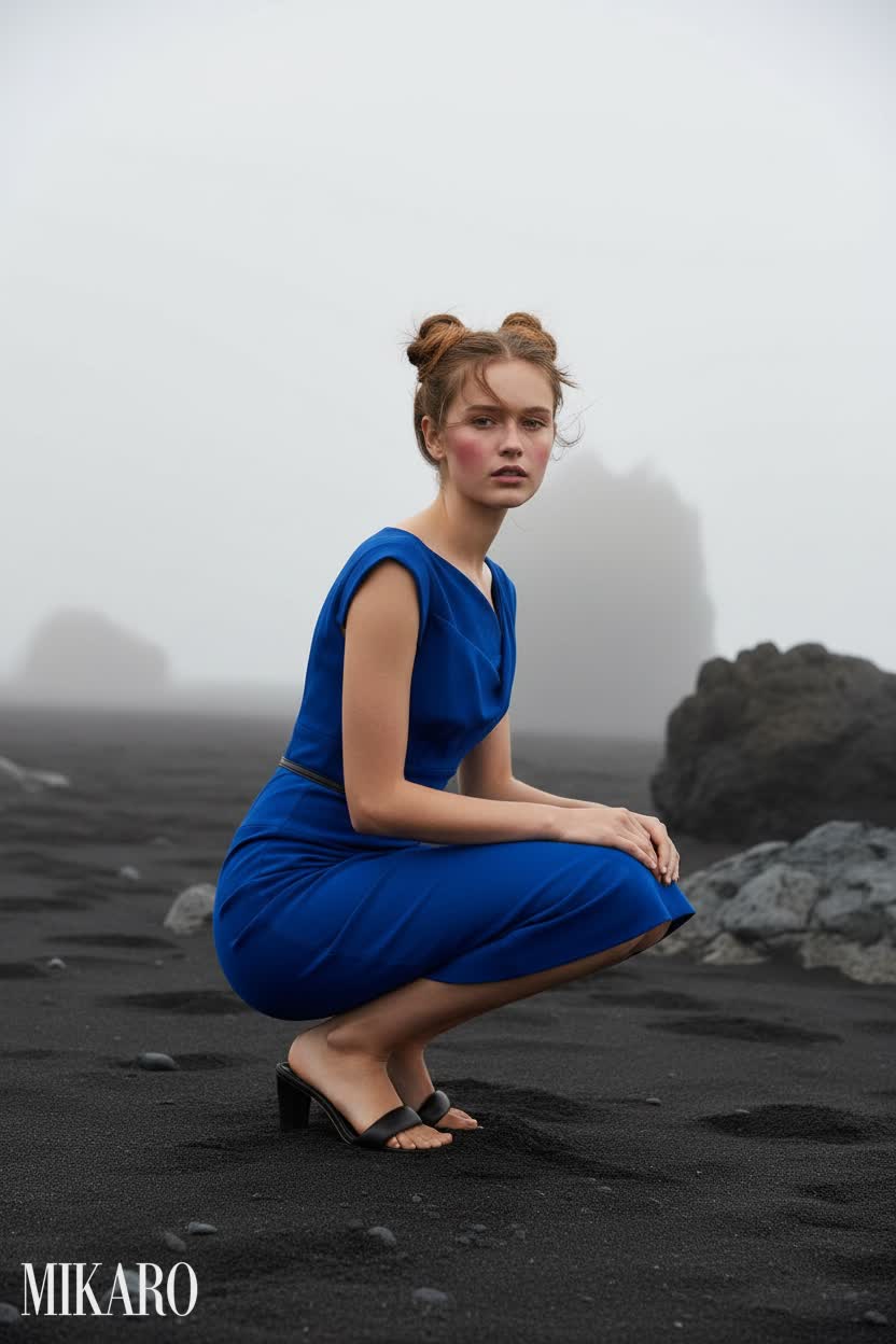 Cobalt Chic: Jackie O Belted Dress on the Icelandic Sands