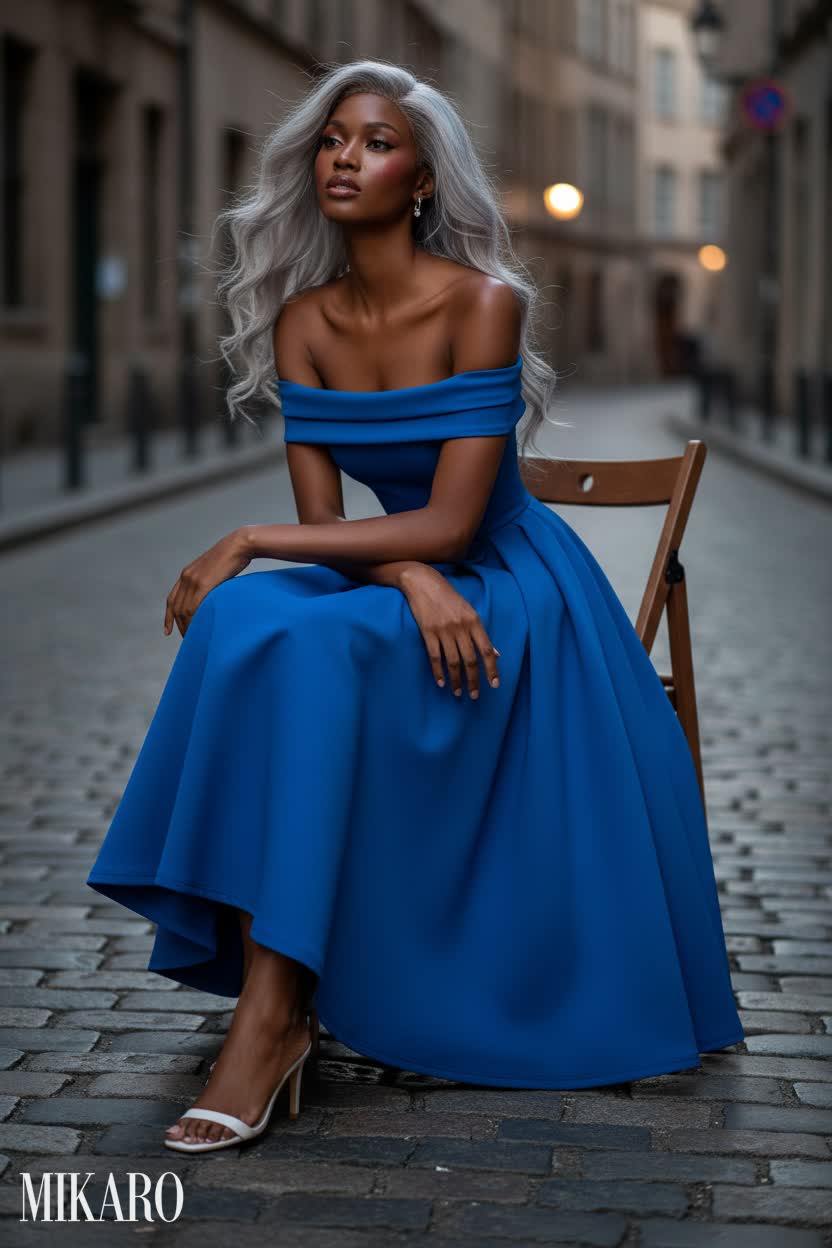 Cobblestone Chic: Nigerian Beauty in Off-Shoulder Midi Dress