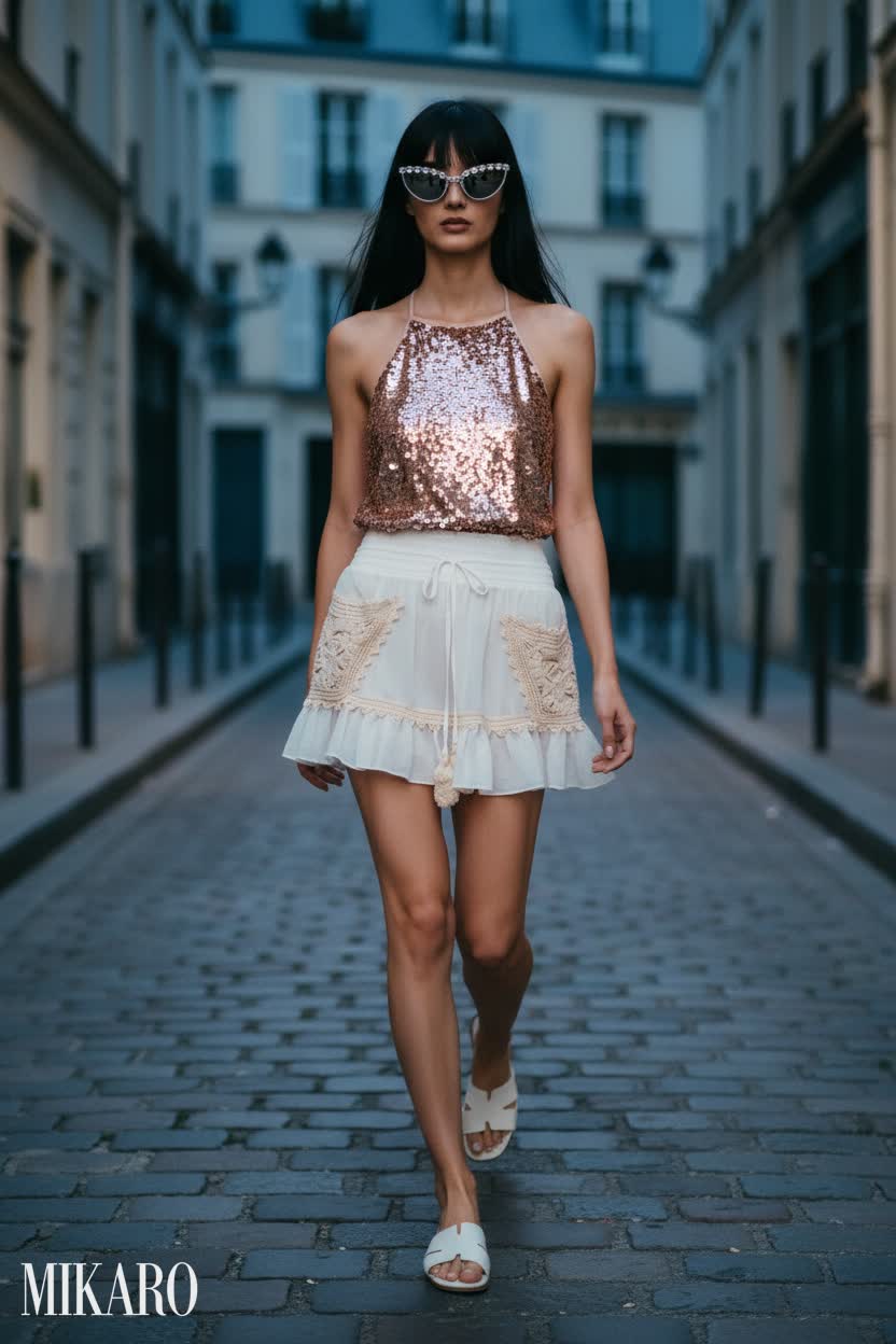 Cobblestone Chic: Sequin Halter & Crochet Skirt Ensemble