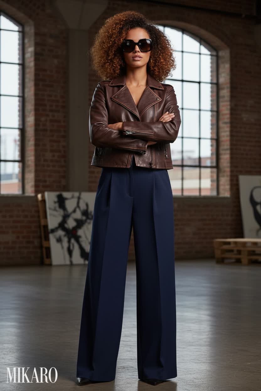 Confident Chic: Leather Moto Jacket & Wide-Leg Trousers