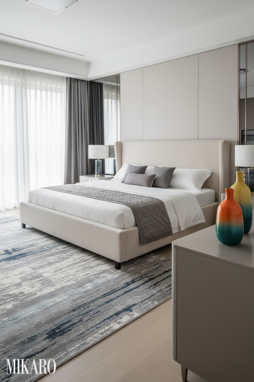 Contemporary Bedroom Oasis: Boucle Bed, Abstract Rug & Gradient Vases for Modern Comfort