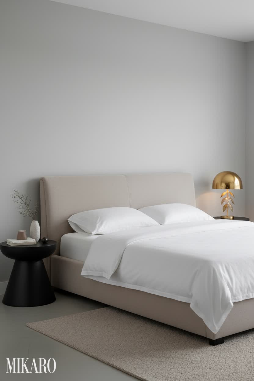 Contemporary Bedroom Oasis: Upholstered Bed, Black Coffee Table & Gold Lamp