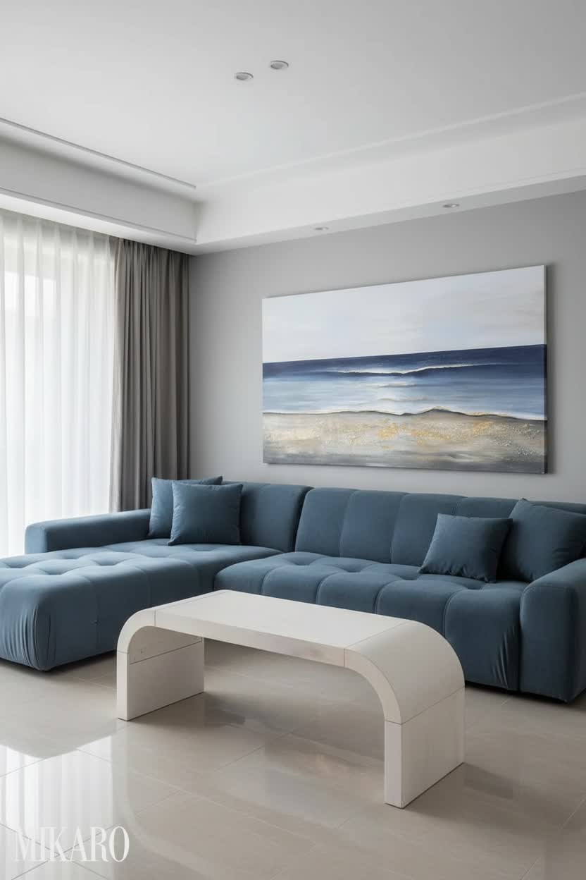 Contemporary: Blue Cloud Couch & Ocean Art Living Room