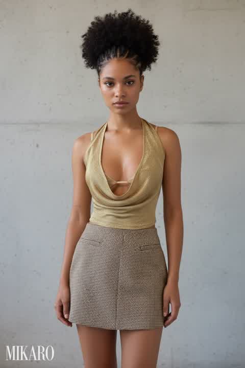 Contemporary Chic: Gold Halter Top & Plaid Mini Skirt Ensemble