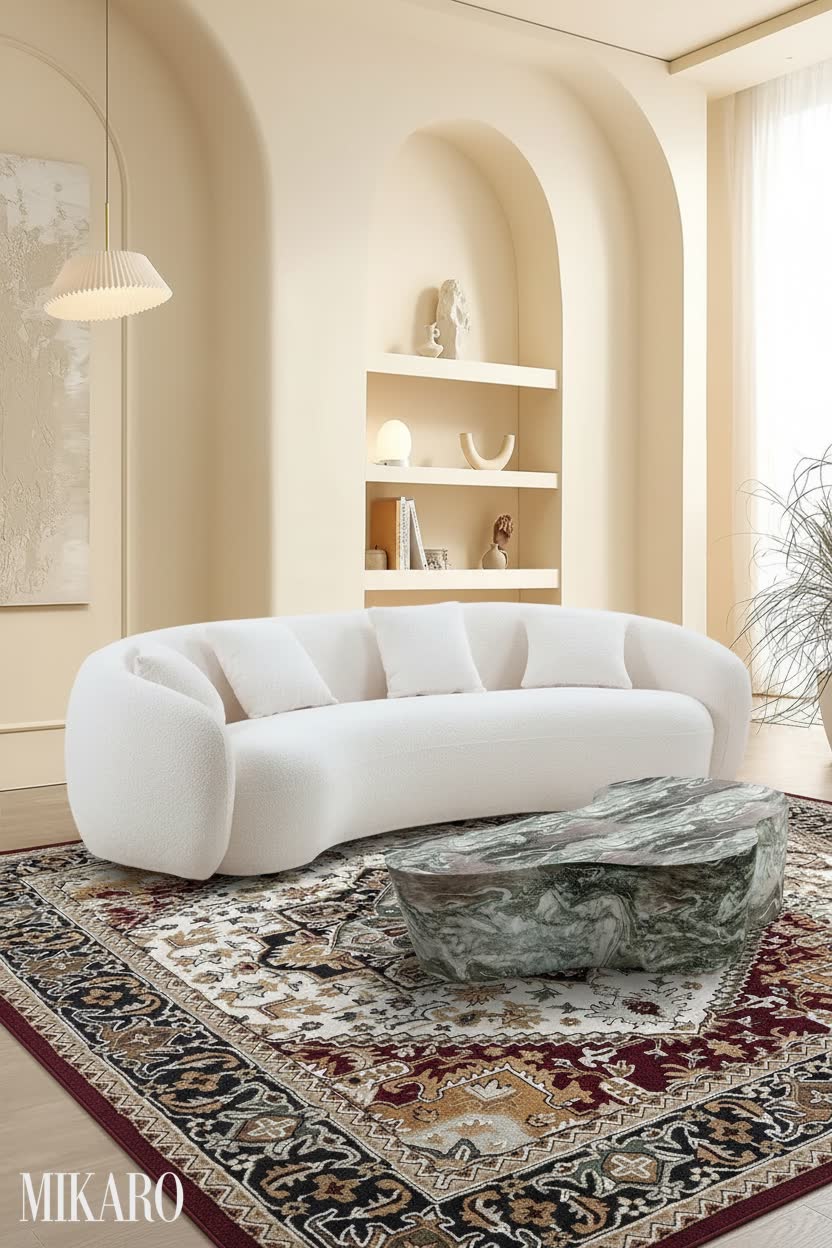 Contemporary Elegance: Boucle Sofa, Oriental Rug & Faux Marble Table