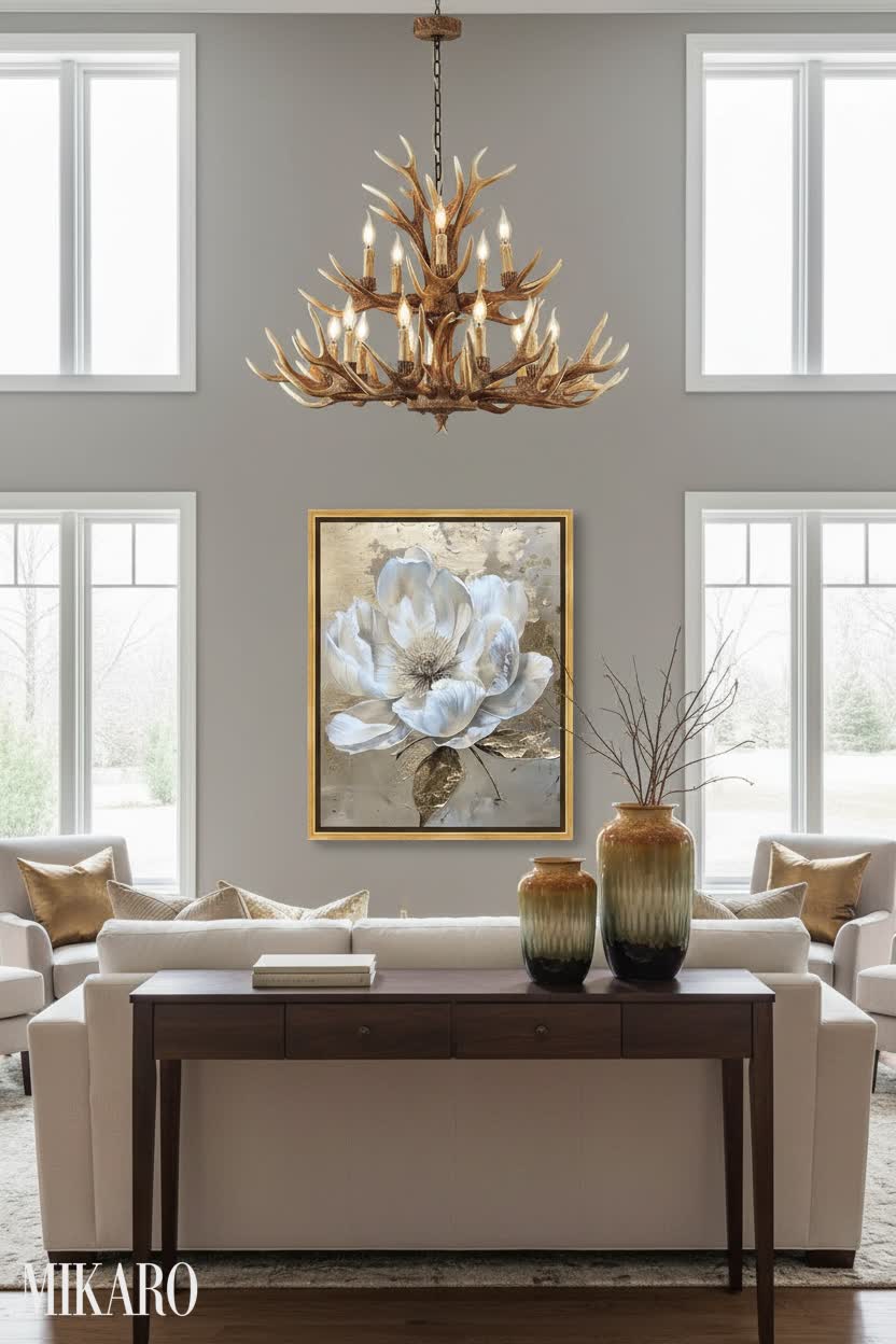 Contemporary Elegance: Living Room with Floral Art & Antler Chandelier