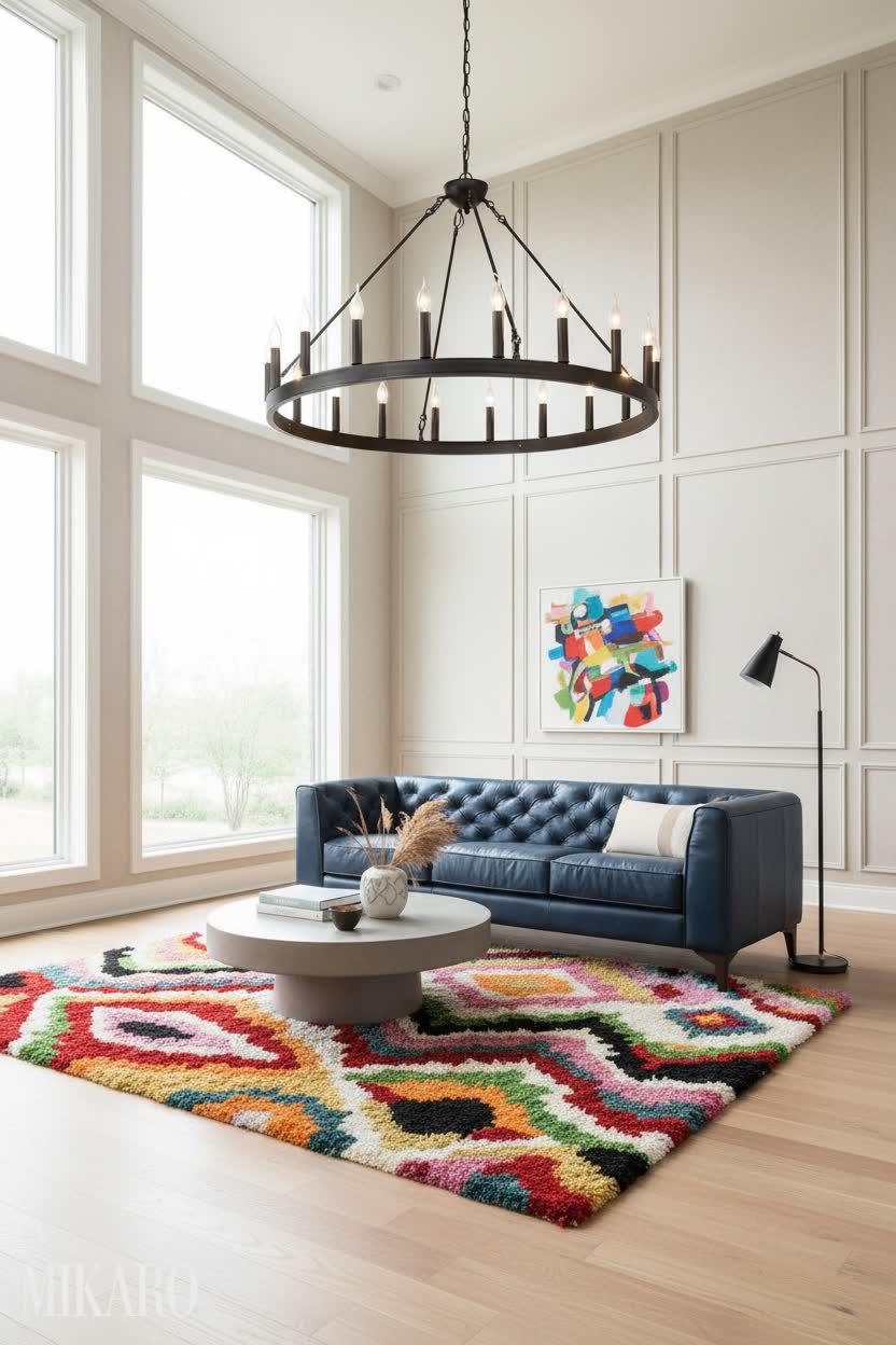 Contemporary High-Ceiling Living Room: Chandelier, Leather Sofa & Shag Rug Design