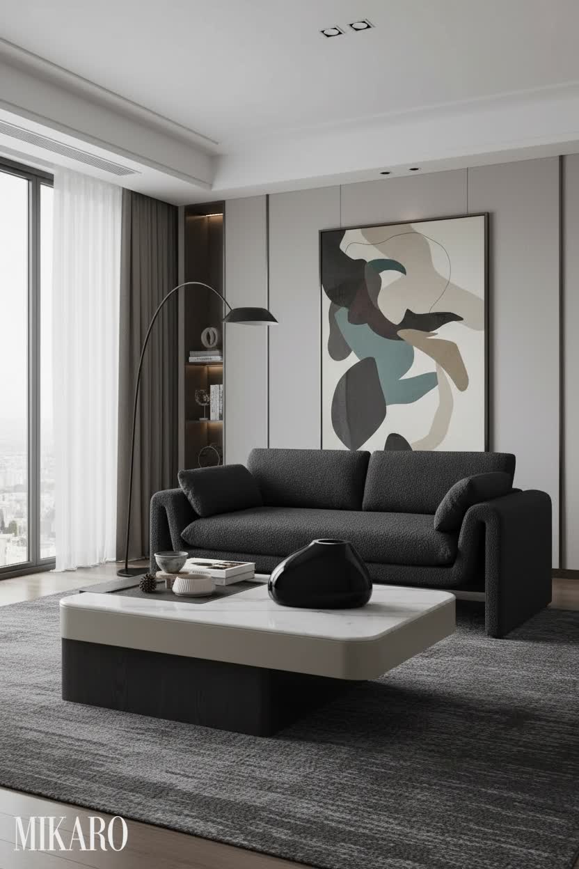 Contemporary Living Room Design: Boucle Sofa, Marble Coffee Table & Sculptural Vase Elegance