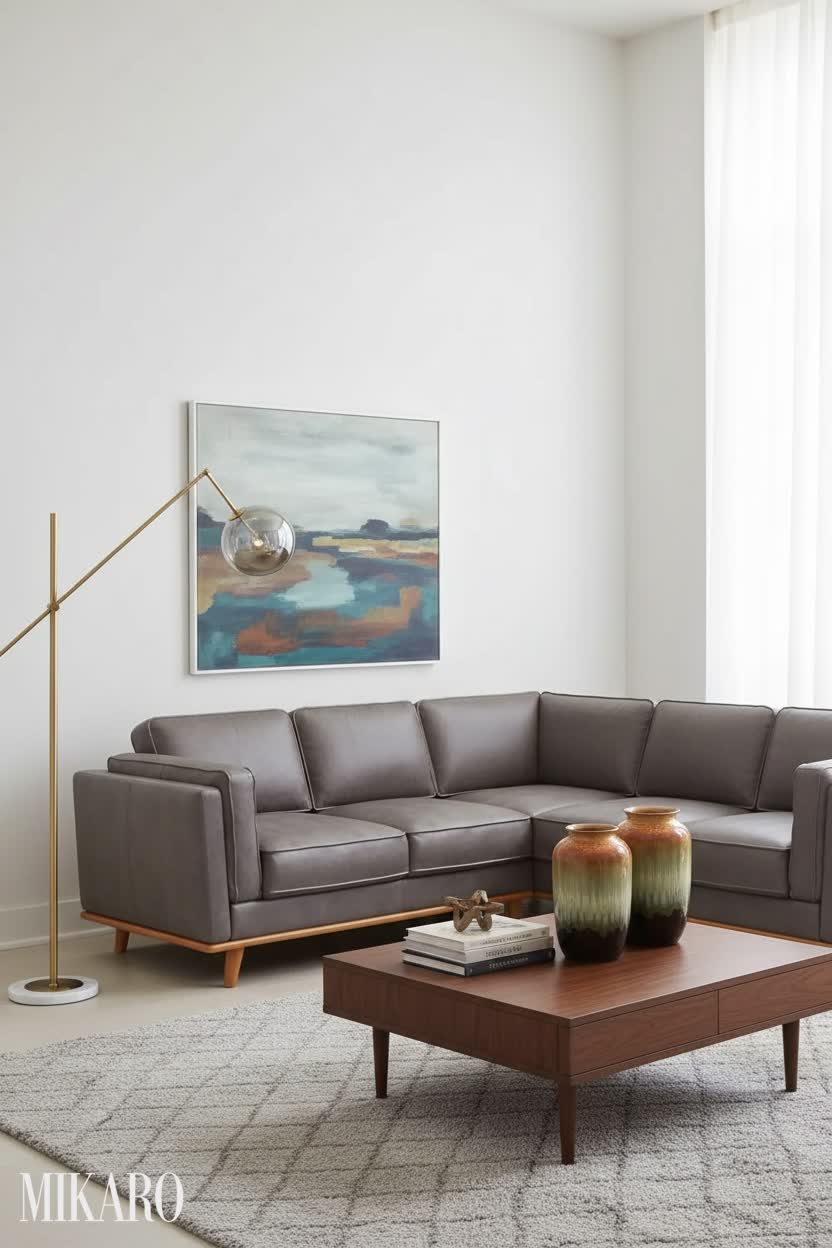 Contemporary Living Room Design: Luxury Leather Sofa, Nordic Lamp & Gradient Vases