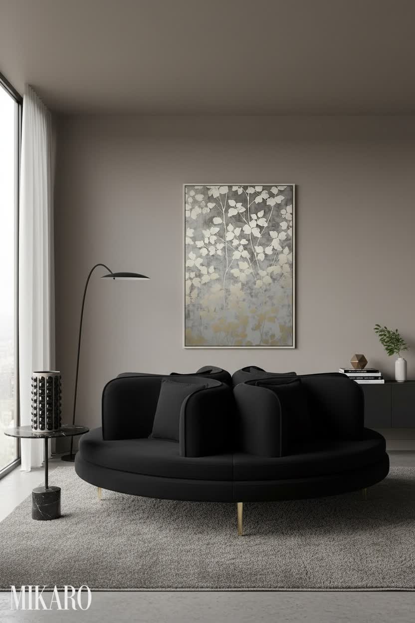 Contemporary Luxury Living Room: Black Velvet Sofa & Elegant Floral Art