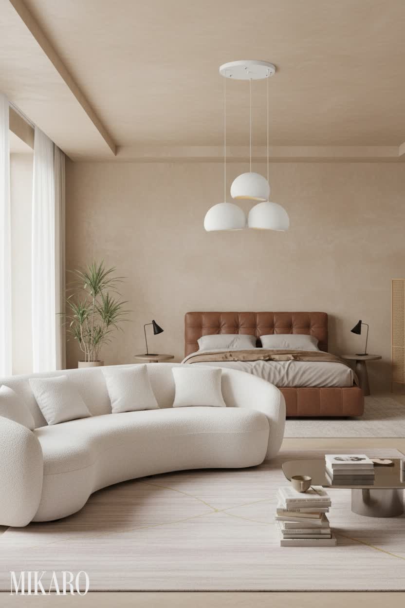 Contemporary Open-Plan Living: Curved Sofa, Pendant Light & Leather Bed Inspiration
