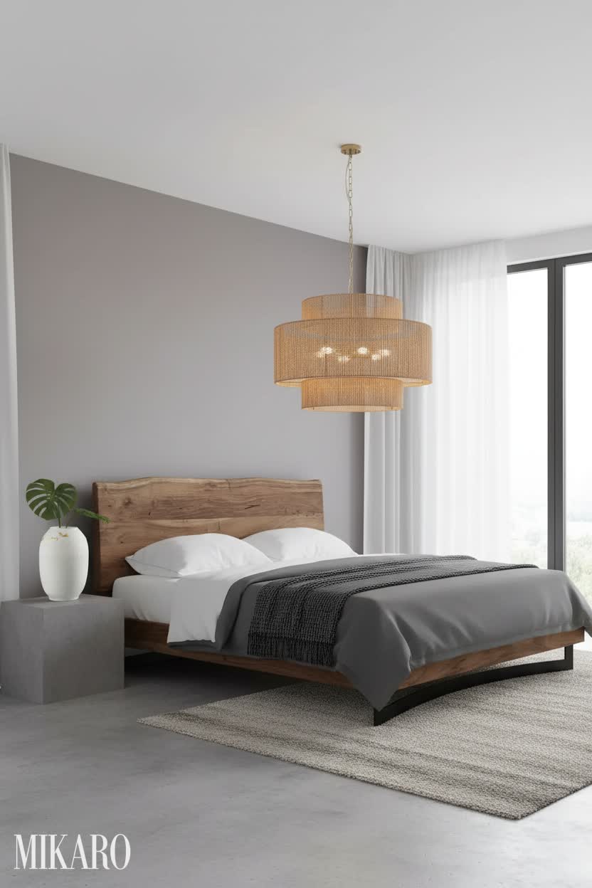 Contemporary Serenity: Modern Bedroom with Natural Wood Bed & Rattan Chandelier