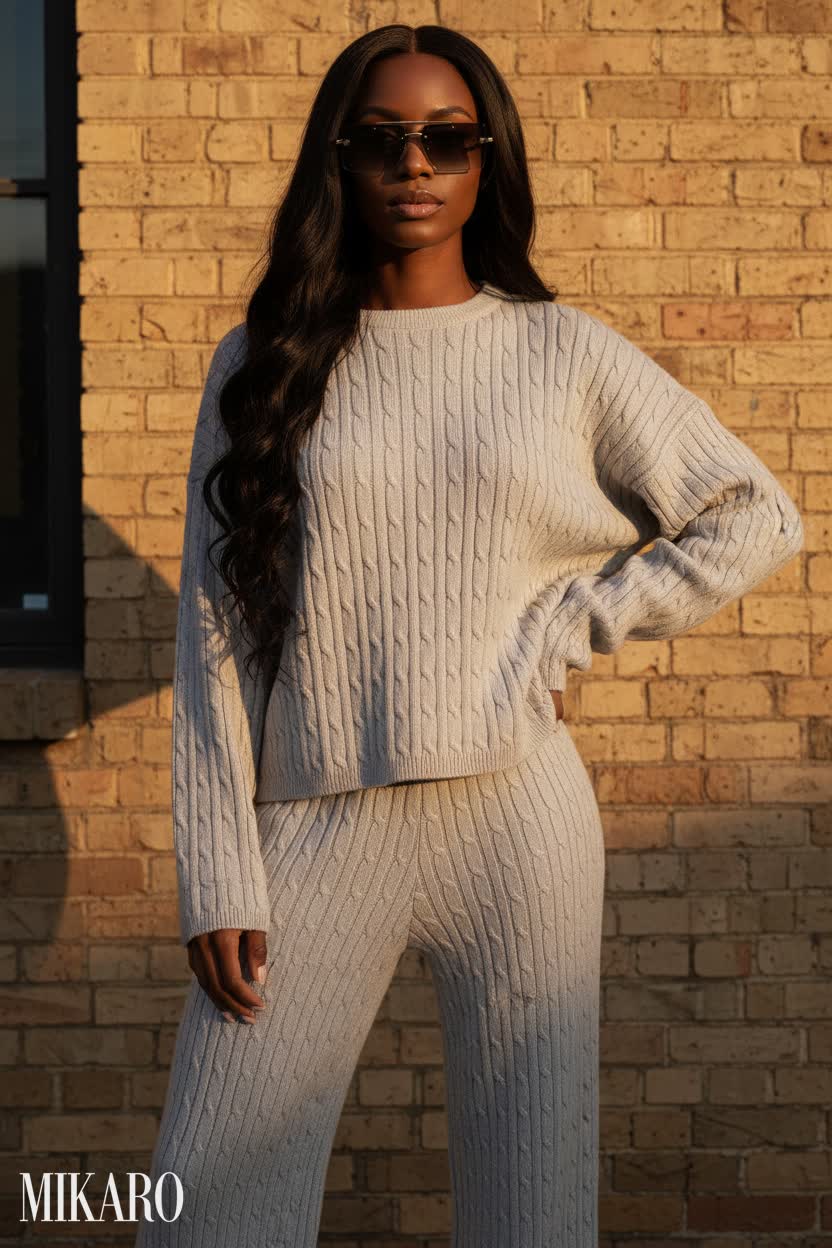 Cozy Cable Knit Loungewear Set with Versace Sunglasses
