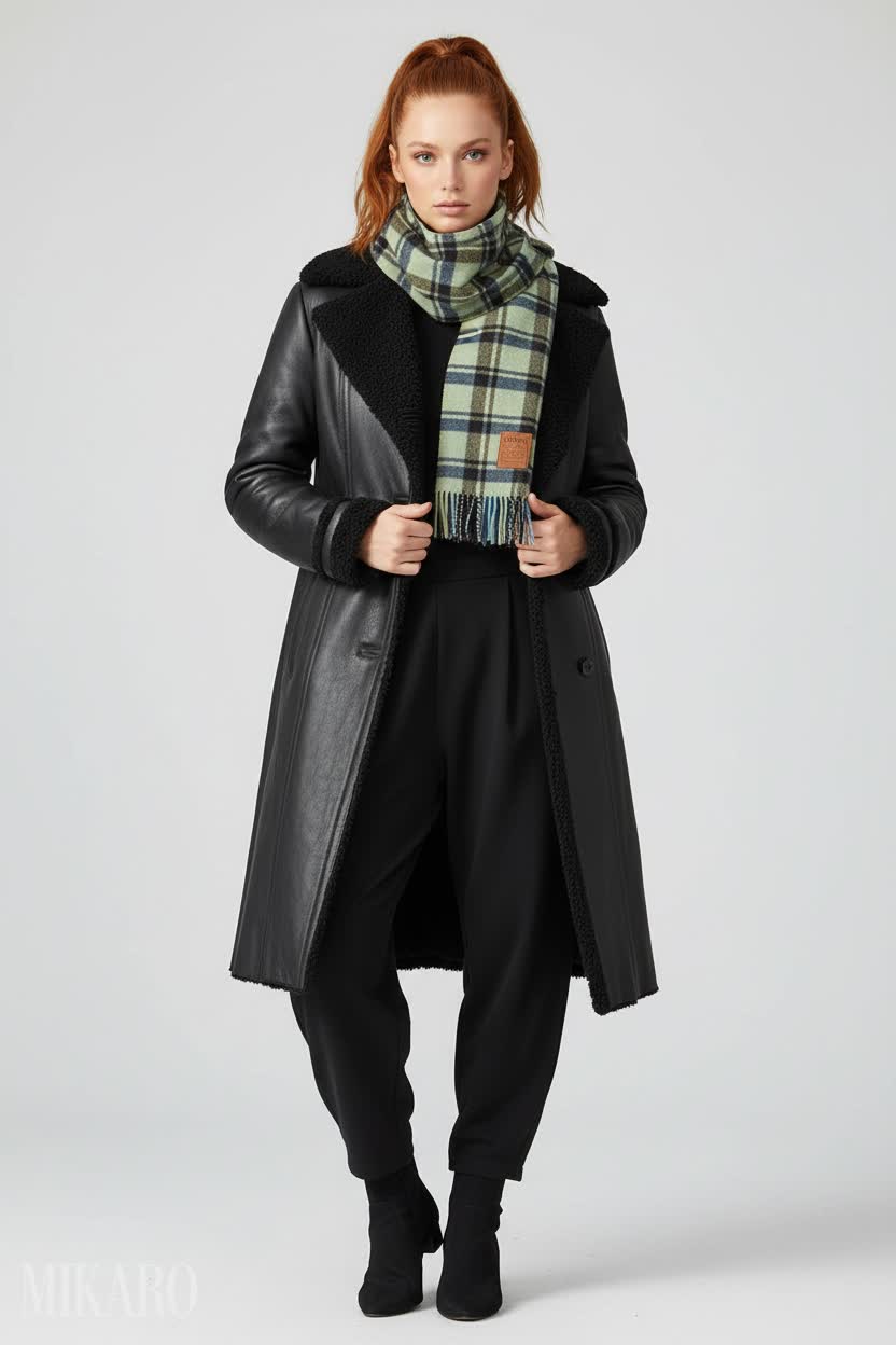 Cozy Chic: Leather Coat, Lantern Pants & Plaid Scarf