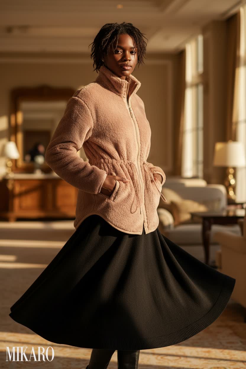 Cozy Chic: Plush Jacket & Flowy Maxi Skirt Ensemble